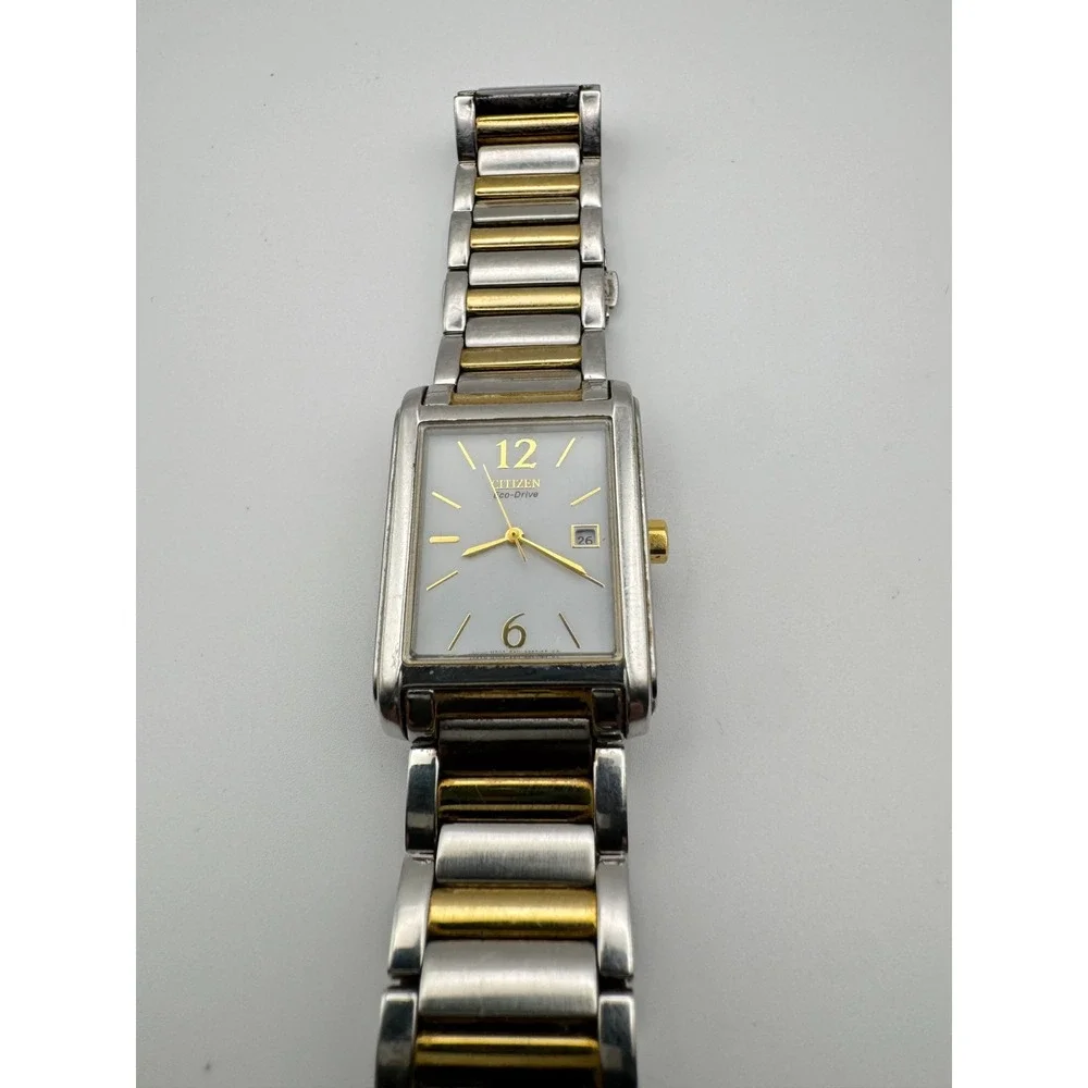 Citizen Eco-Drive Mens Watch  Rectangular Two Tone White Dial Date Working READ